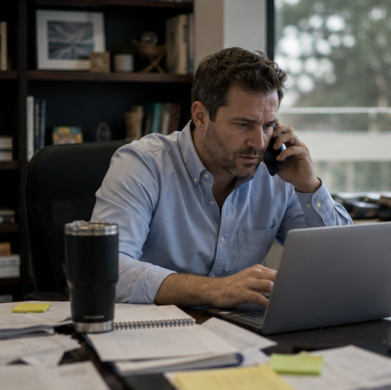 Founder on the phone at his desk managing marketing