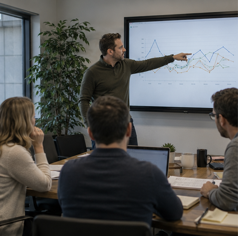 Leader pointing at a growth chart in a team meeting